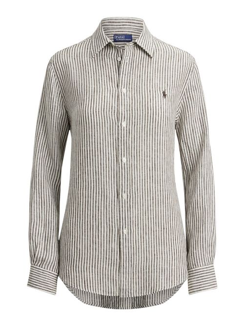 camicia donna in lino over a righe marrone e bianco Ralph Lauren | 211A96158007